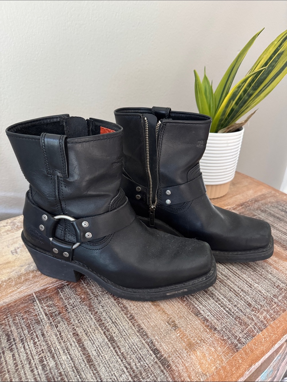 Harley-Davidson Black Leather Harness Moto Boots - Women
